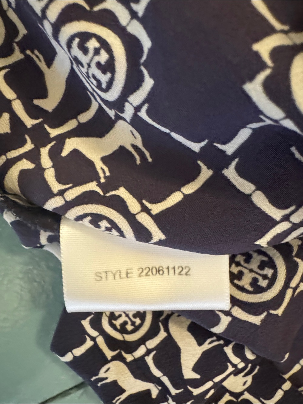 Tory Burch Navy & White Logo-Pattern silk top with Gold Buttons size 10 - Picture 7 of 8